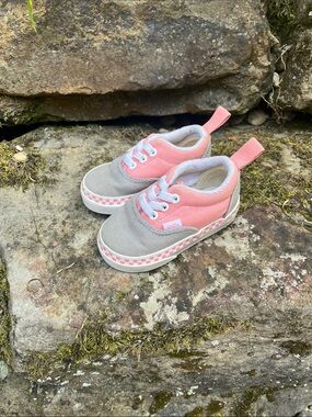 Vans Kids Pink and Gray Canvas Sneakers with Checkerboard Trim